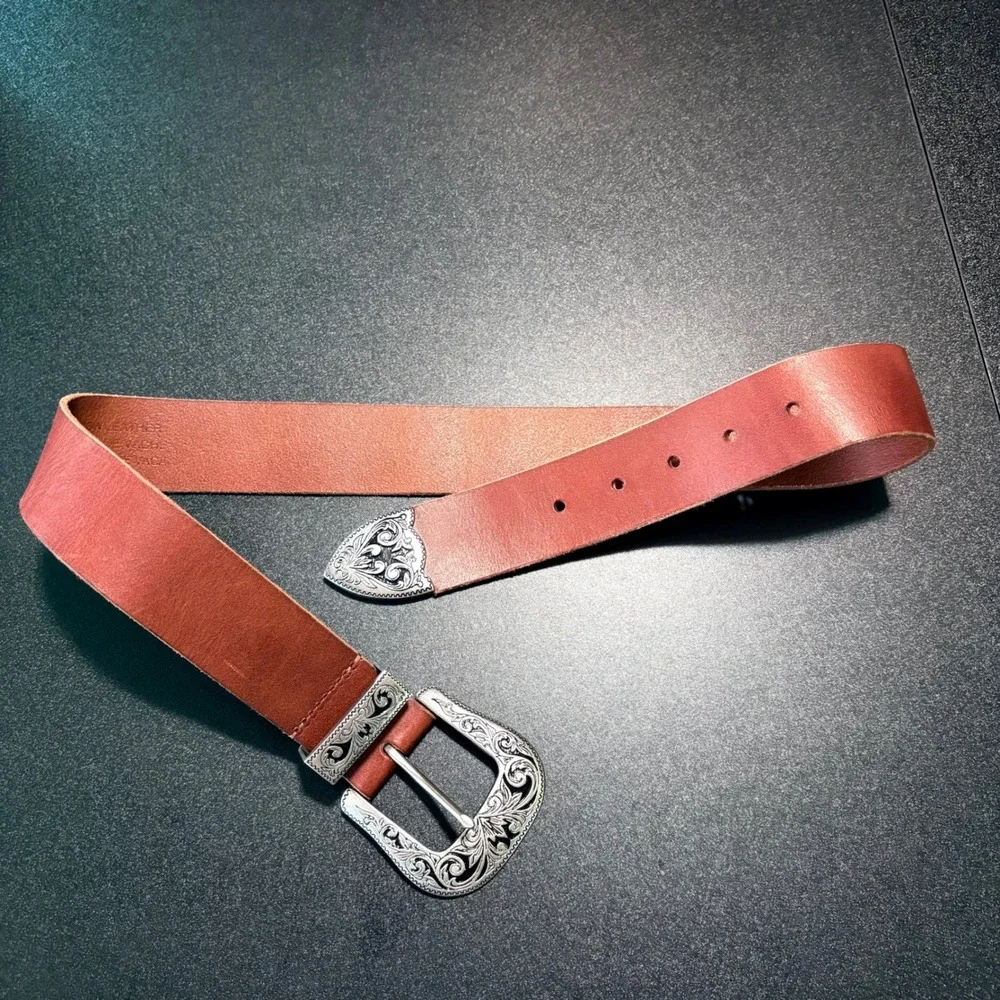 Brown leather western belt with silver buckle designs cowhide size small